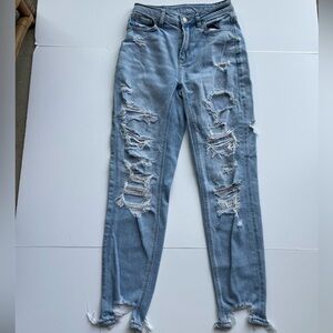 $59 American Eagle 00 Mom Jean Distressed Ripped Frayed Cut Out Logo